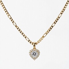Fototapeta premium Gold chain necklace with diamond heart pendant. Luxury bijou accessory for women. Fine jewelry item, perfect gift idea for special occasions. Elegant personal adornment.