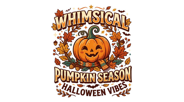 Whimsical pumpkin season Halloween vibes text with cheerful jack-o-lantern.