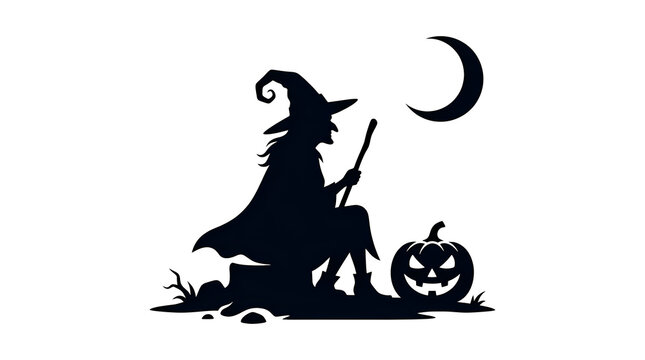 Witch silhouette with staff and pumpkin on stump, moon in sky.