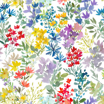 Watercolor Floral Seamless Pattern with Abstract Hand-Painted Colorful Wildflowers on a Transparent Background for Fabric, Packaging, and Stationery