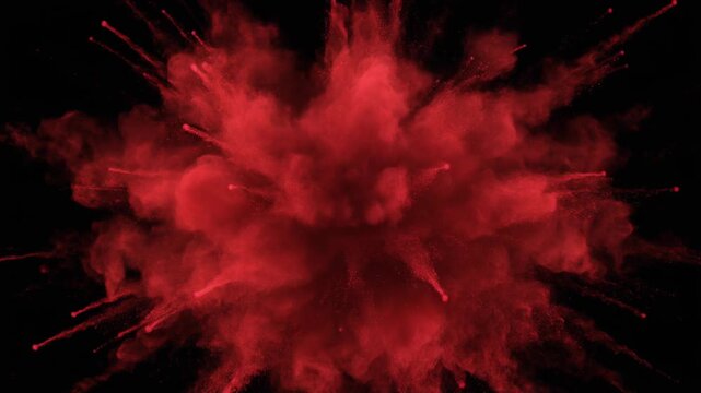A dynamic slow-motion video of vibrant red powder exploding outward against a solid black background, creating a dramatic burst of color.