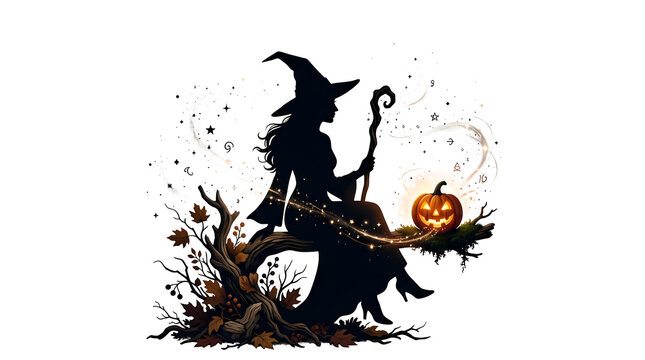Witch silhouette sitting on tree branch with staff pumpkin and autumn leaves.