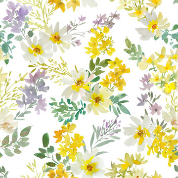 Watercolor floral seamless pattern with hand-painted natural wildflowers and leaves on a transparent background for fabric, wallpaper, and packaging.