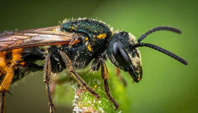 Side profile macro of bee on green stem.