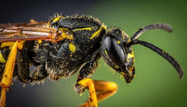 Side profile macro of yellow jacket wasp body.