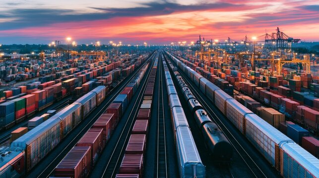 Vast Transportation Yard with Colorful Freight Trains Under a Vibrant Sunset Sky