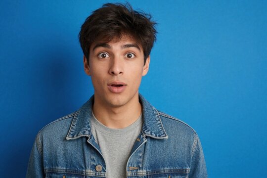 Young man with wide eyes and open mouth shows surprise. His expression conveys shock or amazement against a plain blue studio backdrop. He wears a denim jacket over a grey shirt.