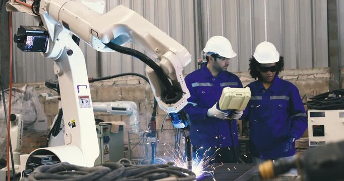 African american engineer woman fixing and testing an Artificial Intelligent welding robotic automatic arm machine in modern technology factory. Automation manufacturing for industry 4.0 Technology. 