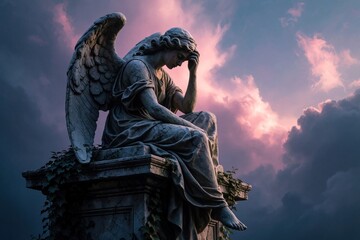 Fototapeta premium Stone angel statue sits in grief with head in hand on pedestal. Weathered marble figure wings, wears draped clothes. Dramatic sky pink, purple clouds in twilight. Ancient cemetery monument art shows