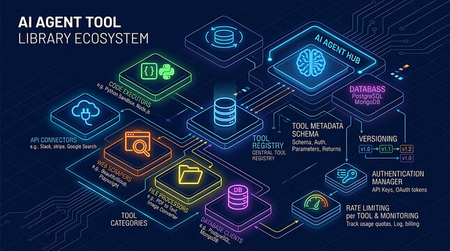 Isometric AI Agent Tool Library Registry API Connectors Code Executors Authentication Manager Diagram