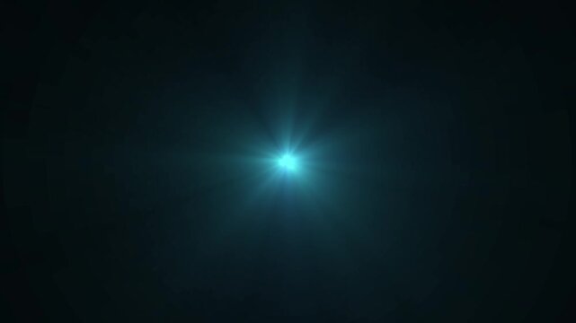 Glowing cyan blue lens flare light burst starburst animation loop, bright optic rays flare motion graphic overlay on dark background asset