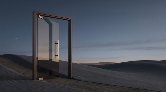 Minimalist modern glass door open in a dark desert environment representing transition into the unknown future