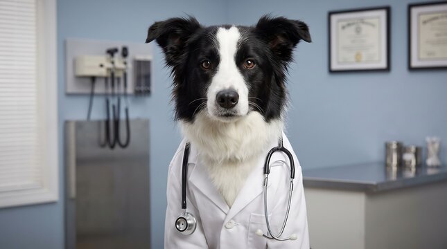 Close up of a smart border collie dog wearing a stethoscope and white doctor coat sitting in a veterinary office.