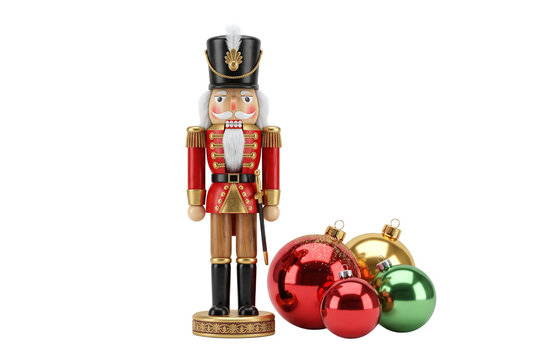 Traditional wooden nutcracker doll with christmas baubles isolated