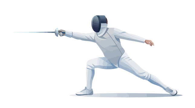 Fencer in action, thrusting sword weapon, white uniform, athletic pose