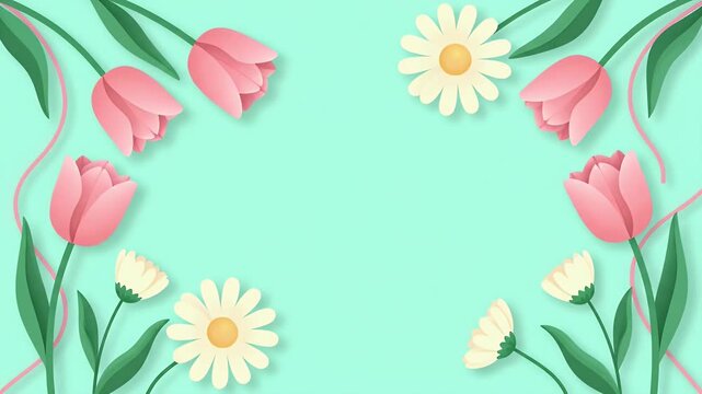Soft Pastel Spring Floral Border Background Featuring Pink Tulips and White Daisies Arranged on a Mint Green Paper Cut Style Backdrop