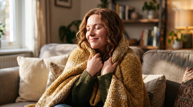 Cozy woman wrapped in warm knitted blanket smiling with eyes closed at home