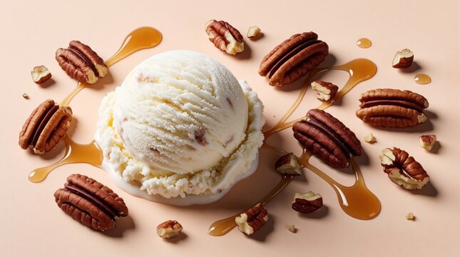 Buttered pecan ice cream scoop sits on solid background with brown caramel syrup drizzle, whole nuts. Frozen dairy dessert ball with nutty texture melts slowly. Cold sweet treat for summer menu