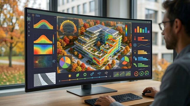 Green building energy modeling software, design optimization, autumn planning, digital interface, intelligent architecture, sustainable building simulation, energy-efficient design tools