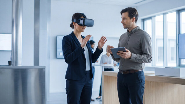 Businesswoman wearing a virtual reality headset practices professional skills while a colleague observes and provides feedback using a handheld digital device.