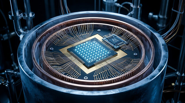 3D Render Quantum AI Chip Qubit Array Cryogenic Integration Macro Scientific Hardware Accelerator