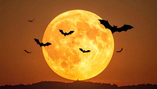 Giant Golden Moon Behind Flying Bats and a Distant Hill
