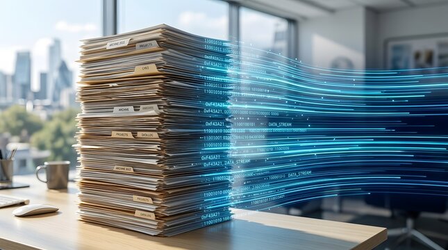 Digital transformation concept showing physical paper documents converting into glowing digital data streams for paperless office transition