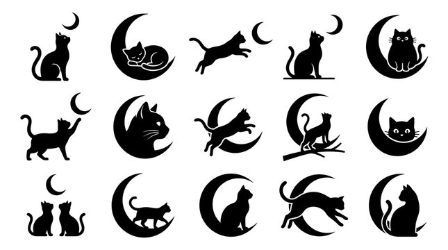 Black cat and moon silhouettes. Set of feline icons with crescent moon shapes.