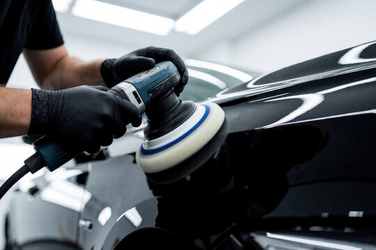 Professional worker uses electric buffer machine to polish black car body in auto workshop. Man wears black gloves for paint correction work. Specialist makes vehicle surface shiny, restores luxury
