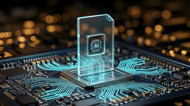 Artificial intelligence microchip with transparent digital document representing machine learning algorithms and advanced computing technology