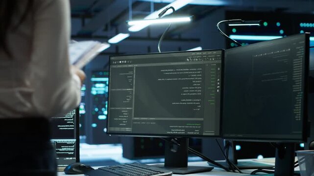 IT specialist monitors cybersecurity risks inside a data center setting, using network security, data protection and traffic monitoring as part of enterprise server administration