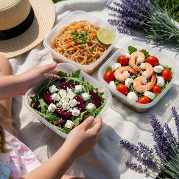 Person holds plastic container with beetroot feta salad on picnic blanket. Healthy meal with prawns, noodles nearby. Summer outdoor lunch concept with lavender flowers, sun hat on white fabric. Enjoy