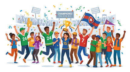 Obraz premium Happy Diverse Group Celebrates Victory With Trophy and Confetti