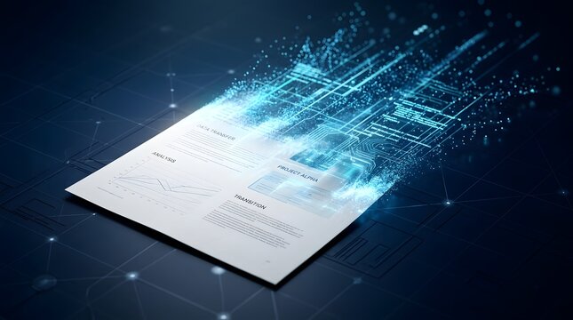 Digital transformation of corporate paperwork showing physical document dissolving into glowing data streams for paperless office integration