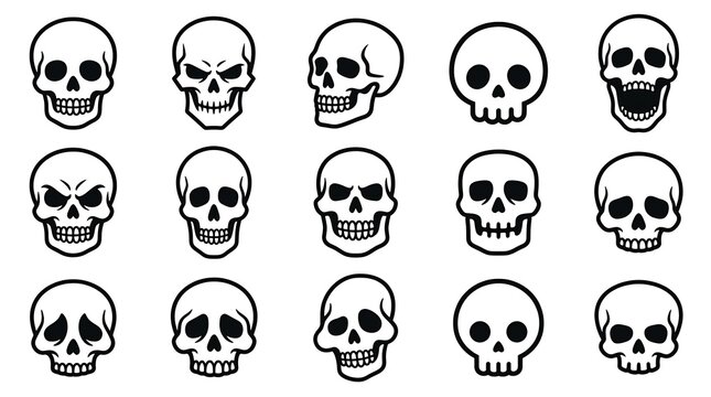 Set of pixel art skulls with various expressions. Retro 8-bit style human skull icons.