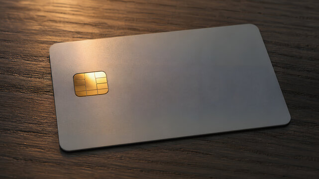 Credit card chip banking payment finance plastic security technology contactless closeup sleek credit card with golden chip wooden table