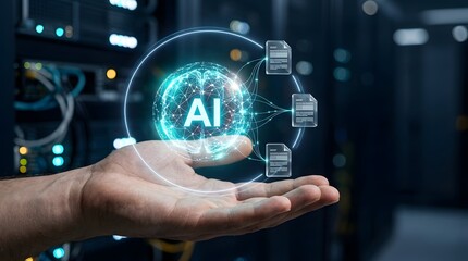 Fototapeta premium Artificial intelligence document management network hovering over hand representing smart enterprise data processing and cloud computing infrastructure