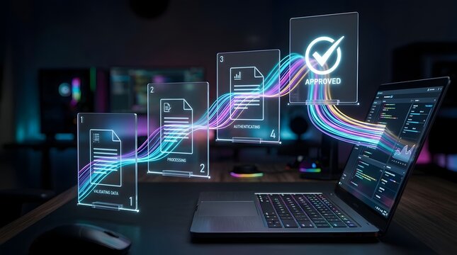 Automated digital workflow pipeline demonstrating data validation and document authentication steps leading to final approval on modern laptop interface