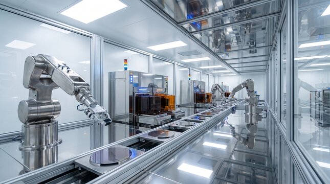Industrial robotic arms working on a high tech semiconductor chip manufacturing assembly line facility