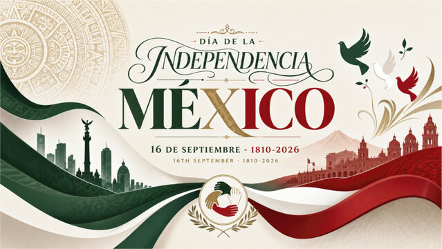 216 Viva Mexico Independence Day Banner with Mexican Flag and Patriotic Geometric Background. Viva Mexico typography, waving Mexican flag, national emblem, and elegant geometric tricolor design.