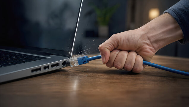 Internet cable disconnect technology stress concept, ethernet plug pulled from laptop, breaking connection on wooden desk