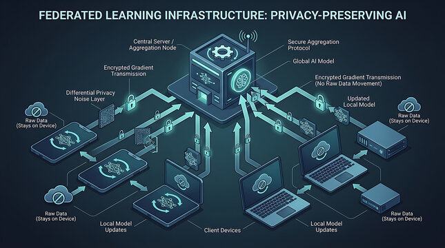 Dark Blue Isometric Federated Learning Privacy Preserving AI Central Aggregation Local Updates Encryption