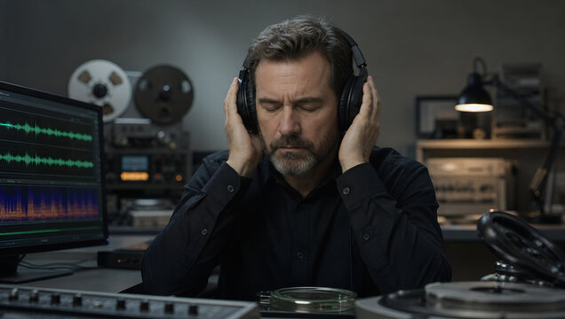 Man headphone audio studio sound recording engineer waveform listening concentration male adult technology music microphone retro tape equipment