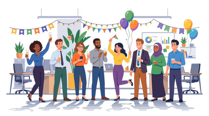 Fototapeta premium Office Party Celebration: Diverse Team Toasting Success with Balloons