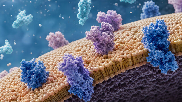 Cell membrane lipid bilayer protein receptor biology science molecular cell surface 3d render microscopic cell membrane lipid bilayer with protein