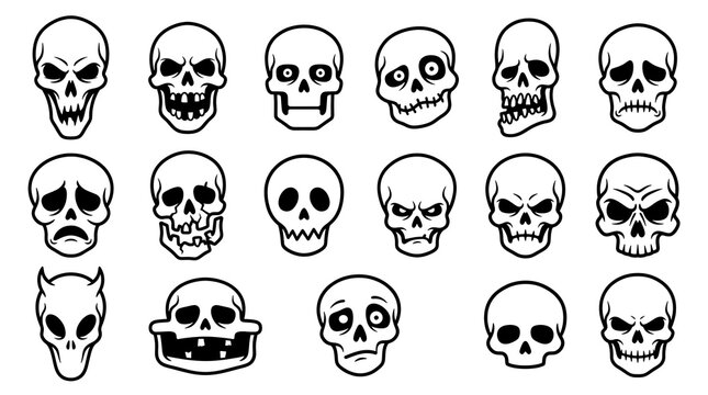 Set of pixel art skulls with various expressions. Retro 8-bit style skull icons collection.