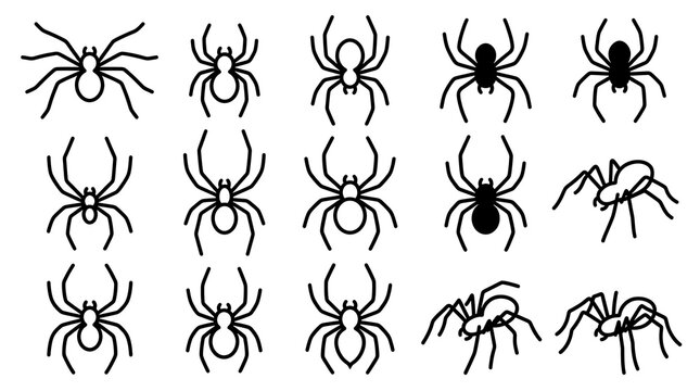 Set of spider icons. Collection of black arachnid silhouettes for Halloween design.