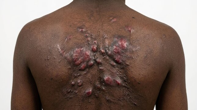 Severe cystic acne and keloid scarring on the back of a dark-skinned male patient, dermatological skin condition.