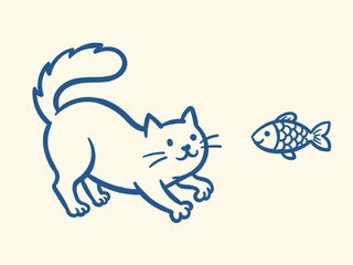 Cute cartoon cat stretching and looking at little fish blue outline vector doodle illustration © Gopal