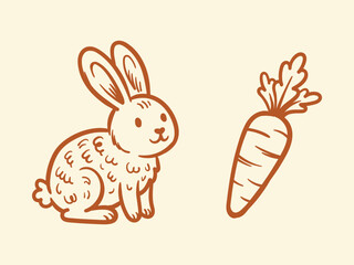 Cute cartoon bunny rabbit looking at big carrot orange outline vector doodle illustration
